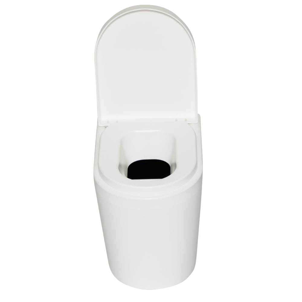Handcrafted compact composting toilet with a sleek white design and lid open, ideal for RVs and tiny homes in Appliances, Composting Toilets, and Best Sellers collections.