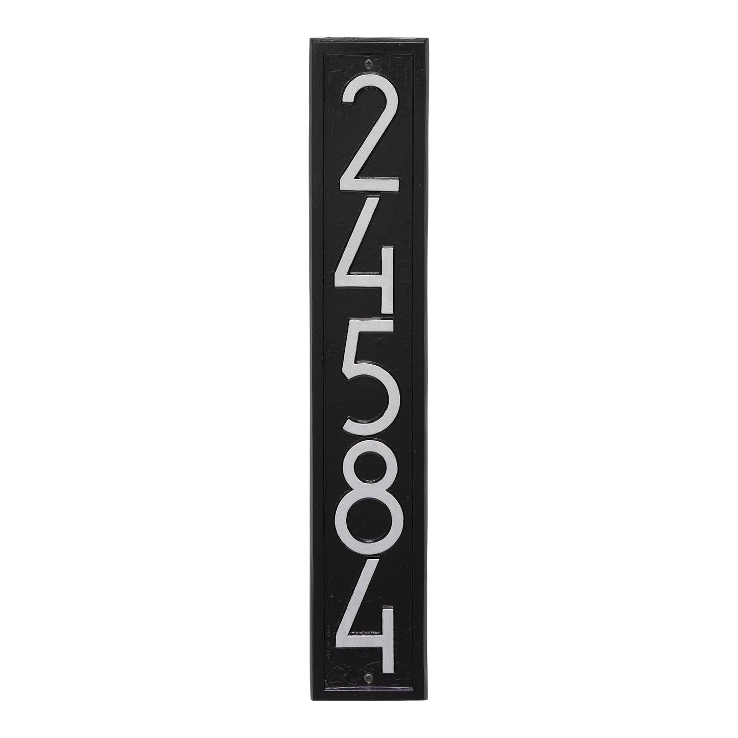 Handcrafted vertical custom address plaque in black and silver with modern font, enhancing curb appeal for Home & Decor, Household Helpers, Mailboxes and Address Signs, USA Made collections.