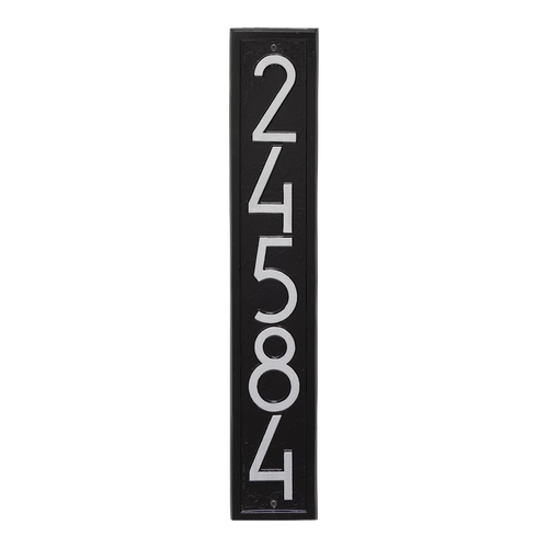 Handcrafted vertical custom address plaque in black and silver with modern font, enhancing curb appeal for Home & Decor, Household Helpers, Mailboxes and Address Signs, USA Made collections.