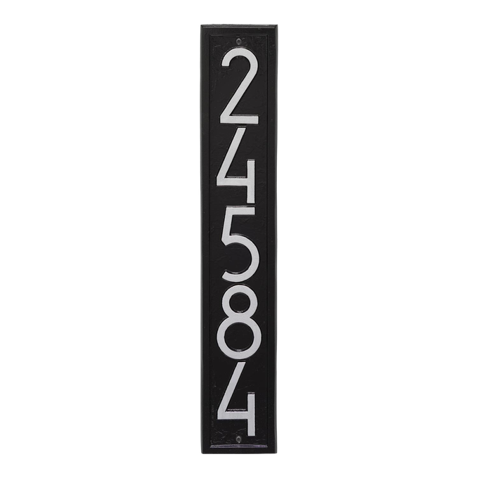 Handcrafted vertical custom address plaque in black and silver with modern font, enhancing curb appeal for Home & Decor, Household Helpers, Mailboxes and Address Signs, USA Made collections.