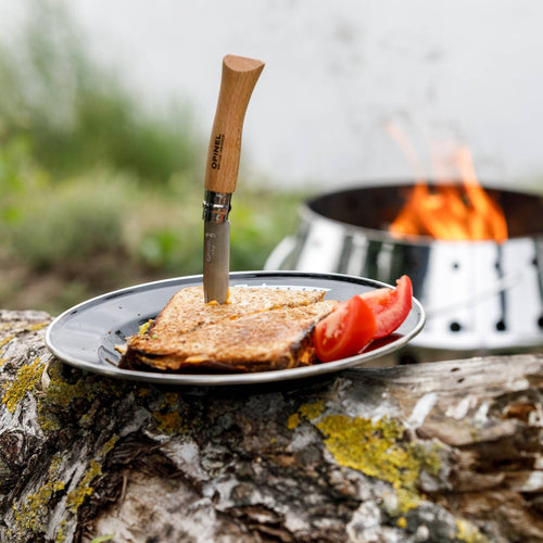 Lightweight gray enamel plate with black rim holding a toasted sandwich and sliced tomato, set outdoors on a log near a campfire, ideal for Farm, Garden & Tool, Kitchen & Food, Camping, Dinnerware, Best Sellers, and Promo Eligible collections.