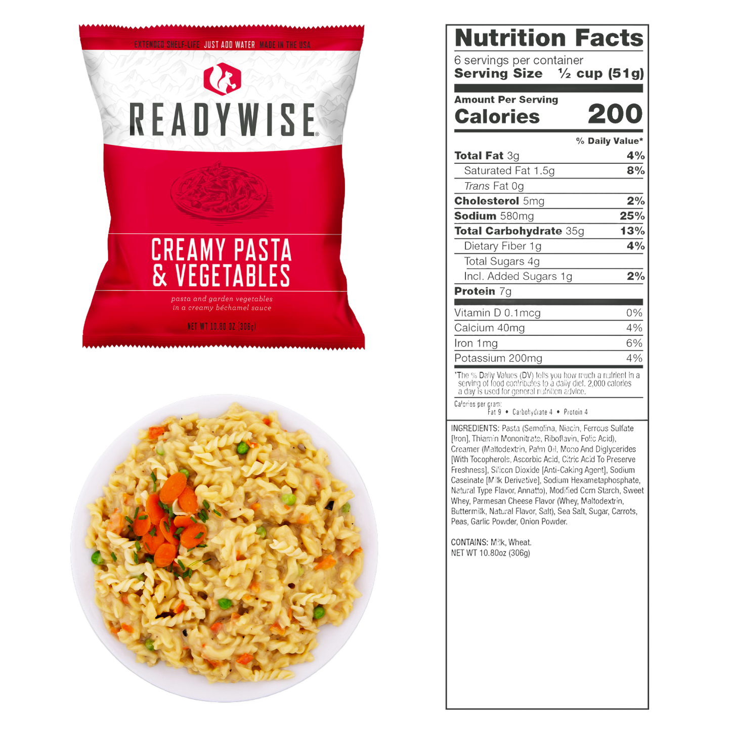 Single-serving red and white ReadyWise Creamy Pasta & Vegetables freeze-dried meal packet with nutritional facts, shown with a prepared creamy pasta dish on a white plate, part of Emergency Supplies and Pantry collections.