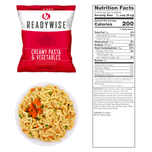 Single-serving red and white ReadyWise Creamy Pasta & Vegetables freeze-dried meal packet with nutritional facts, shown with a prepared creamy pasta dish on a white plate, part of Emergency Supplies and Pantry collections.