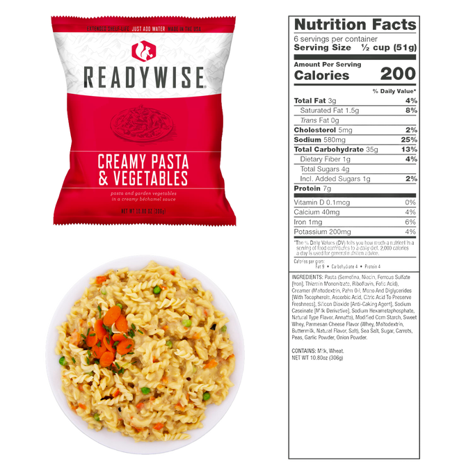 Single-serving red and white ReadyWise Creamy Pasta & Vegetables freeze-dried meal packet with nutritional facts, shown with a prepared creamy pasta dish on a white plate, part of Emergency Supplies and Pantry collections.