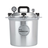 Heavy-duty pressure canner made in USA with durable aluminum construction, pressure gauge, and safety valve, ideal for kitchen food preservation and canning collections.