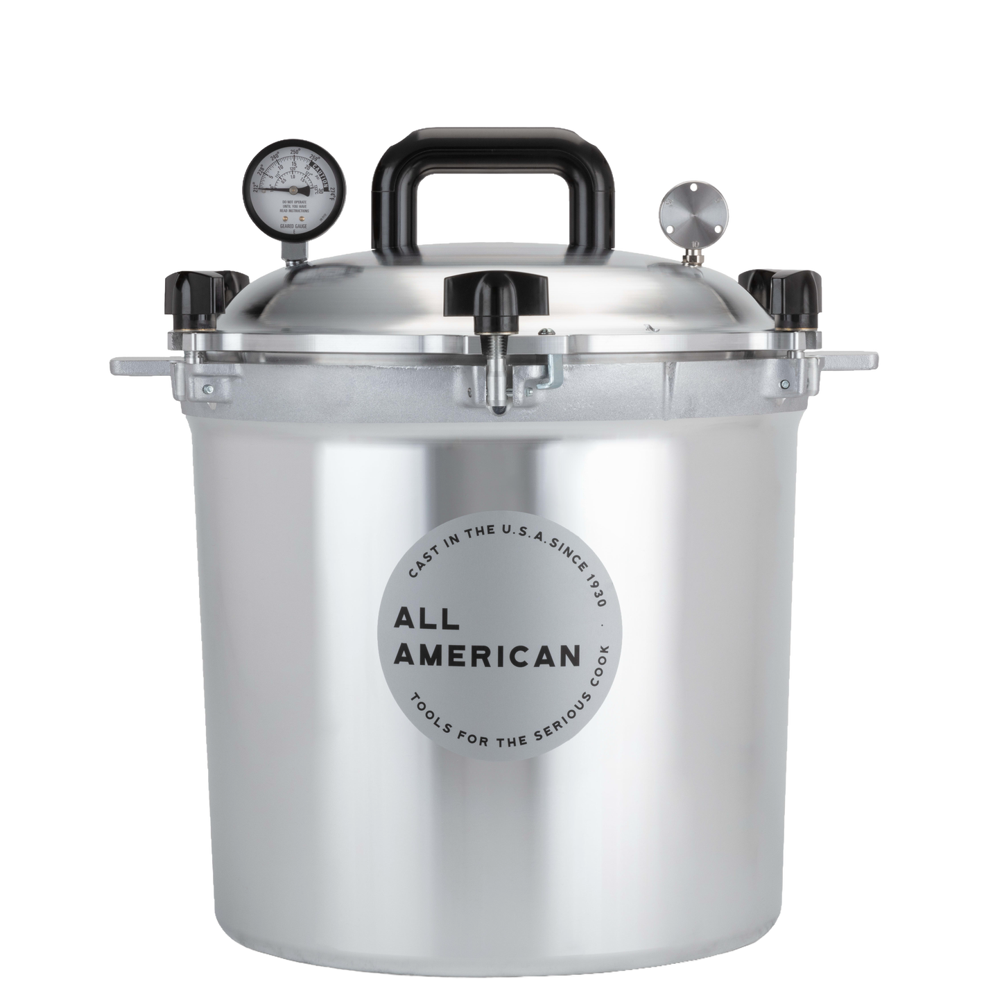 Heavy-duty pressure canner made in USA with durable aluminum construction, pressure gauge, and safety valve, ideal for kitchen food preservation and canning collections.
