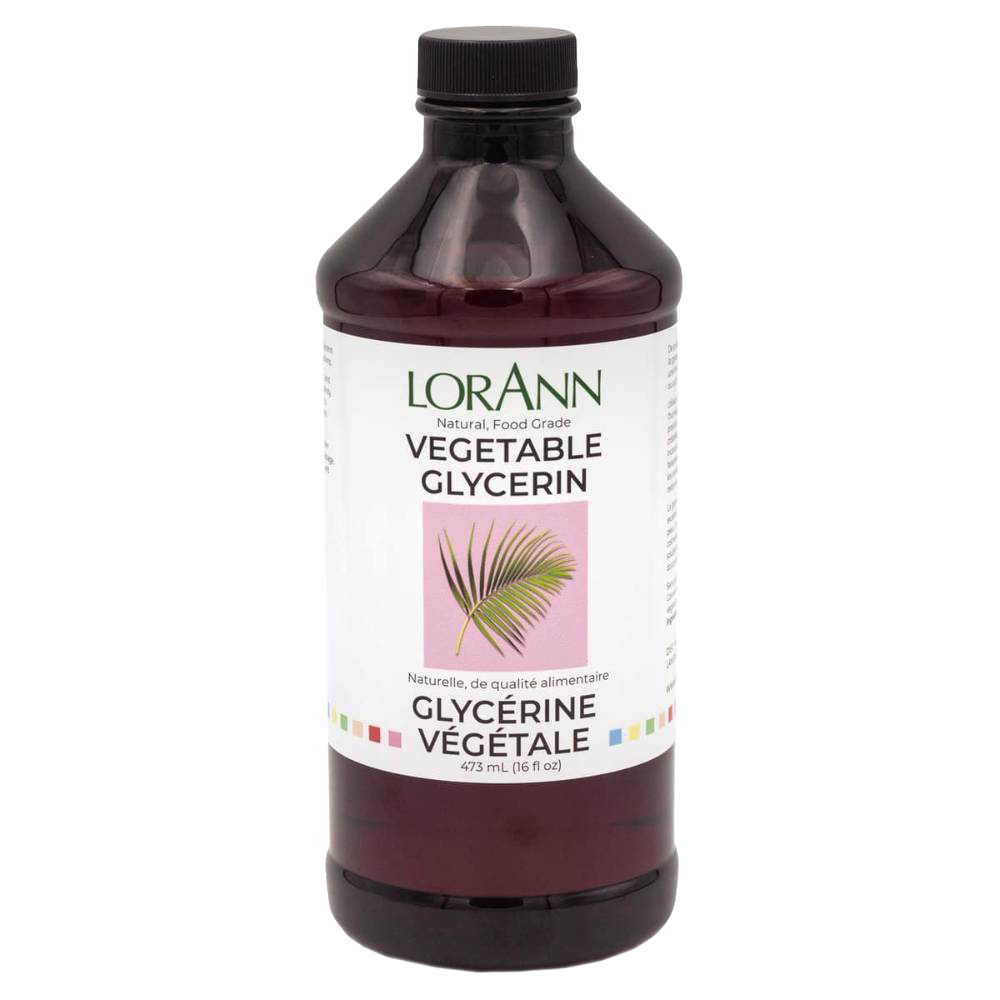 Amber bottle of handcrafted natural vegetable glycerin with black cap and white label featuring green text and a palm leaf illustration, suitable for health and wellness, kitchen, soapmaking, and gluten-free collections.
