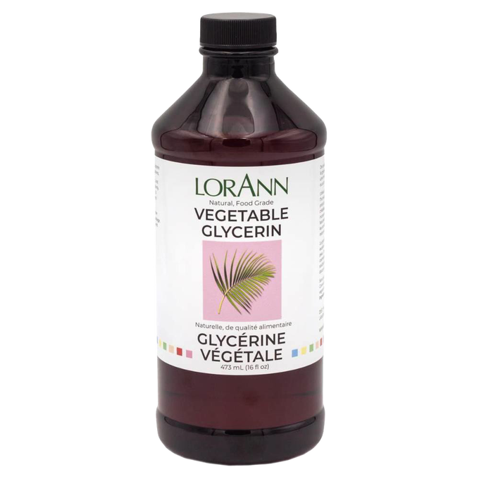 Amber bottle of handcrafted natural vegetable glycerin with black cap and white label featuring green text and a palm leaf illustration, suitable for health and wellness, kitchen, soapmaking, and gluten-free collections.