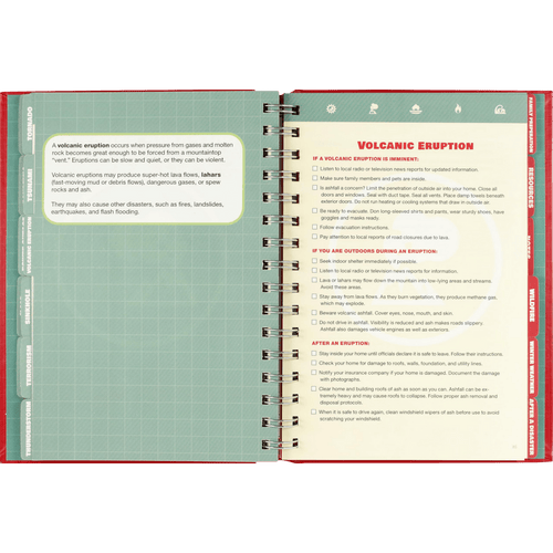 Open spiral-bound guidebook page providing detailed instructions and safety tips for volcanic eruptions, designed for emergency supplies and home and garden how-to books collections.