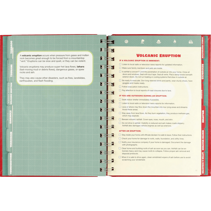 Open spiral-bound guidebook page providing detailed instructions and safety tips for volcanic eruptions, designed for emergency supplies and home and garden how-to books collections.