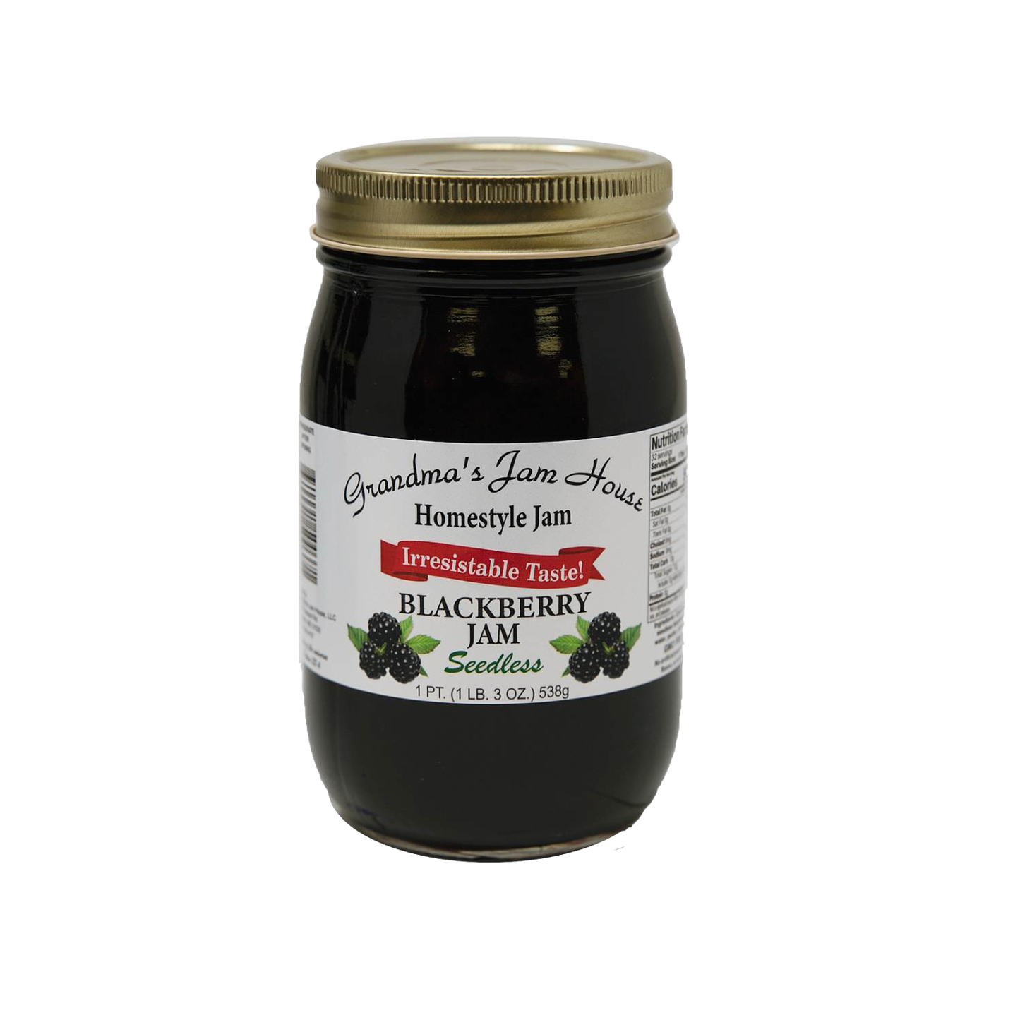 Glass jar of handcrafted seedless blackberry jam with gold lid and white label featuring blackberry illustrations, included in Kitchen & Food, Pantry, Peanut Butter & Jellies, USA Made, Best Sellers, and Promo Eligible collections.