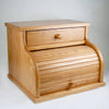 Handcrafted oak roll-top bread box with a smooth honey-brown finish and a drawer, made in USA by Amish artisans, ideal for Kitchen & Food, Storage and Serving, and Best Sellers collections.