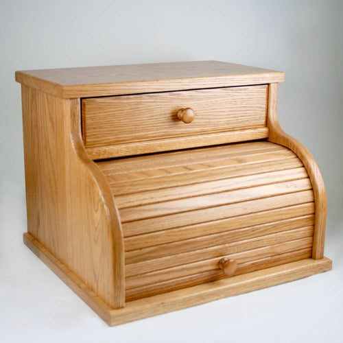 Handcrafted oak roll-top bread box with a smooth honey-brown finish and a drawer, made in USA by Amish artisans, ideal for Kitchen & Food, Storage and Serving, and Best Sellers collections.