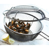 Metal mesh outdoor grill basket and skillet with handle, shown filled with cooked mussels and lemon wedges, designed for versatile grilling and smoky flavor infusion in cookware and grilling collections.