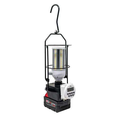 Compact hanging LED light with programmable timer attached, powered by interchangeable Milwaukee or DeWalt batteries, ideal for Lamps & Lighting, Battery, Solar, LED, Best Sellers, and Promo Eligible collections.