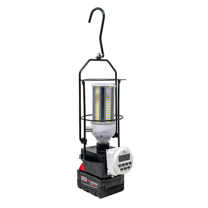 Compact hanging LED light with programmable timer attached, powered by interchangeable Milwaukee or DeWalt batteries, ideal for Lamps & Lighting, Battery, Solar, LED, Best Sellers, and Promo Eligible collections.