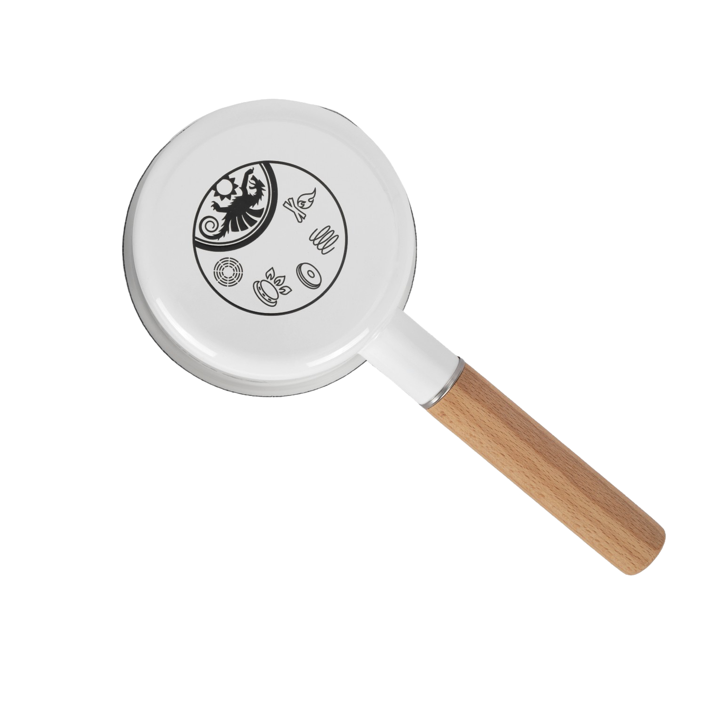 White enamel pan for outdoor cooking with a wooden handle and decorative symbols on the base, designed for Farm, Garden & Tool, Camping, Kitchen & Food, Cookware, and Best Sellers collections.