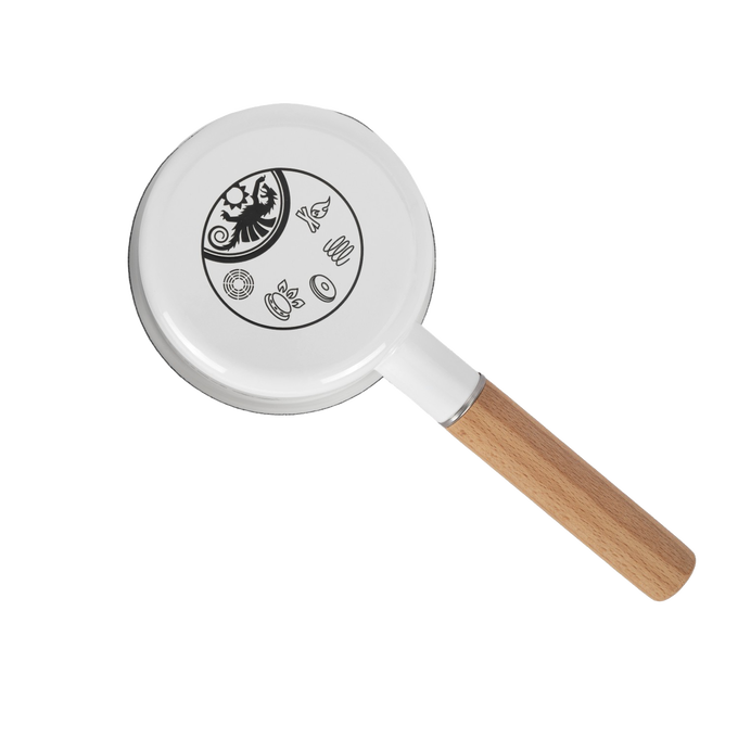 White enamel pan for outdoor cooking with a wooden handle and decorative symbols on the base, designed for Farm, Garden & Tool, Camping, Kitchen & Food, Cookware, and Best Sellers collections.