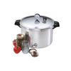 Aluminum pressure canner with secure locking lid and pressure gauge, accompanied by glass jars and fresh tomatoes, ideal for food preservation and kitchen canning collections.