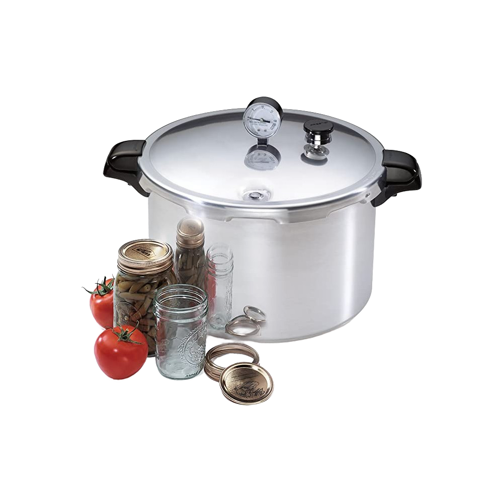 Aluminum pressure canner with secure locking lid and pressure gauge, accompanied by glass jars and fresh tomatoes, ideal for food preservation and kitchen canning collections.
