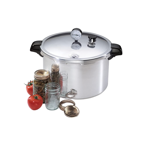 Aluminum pressure canner with secure locking lid and pressure gauge, accompanied by glass jars and fresh tomatoes, ideal for food preservation and kitchen canning collections.