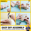 Series of images showing step-by-step assembly of a handcrafted wooden forklift kit with plastic parts and red wheels, designed for children's indoor play and arts and crafts collections.