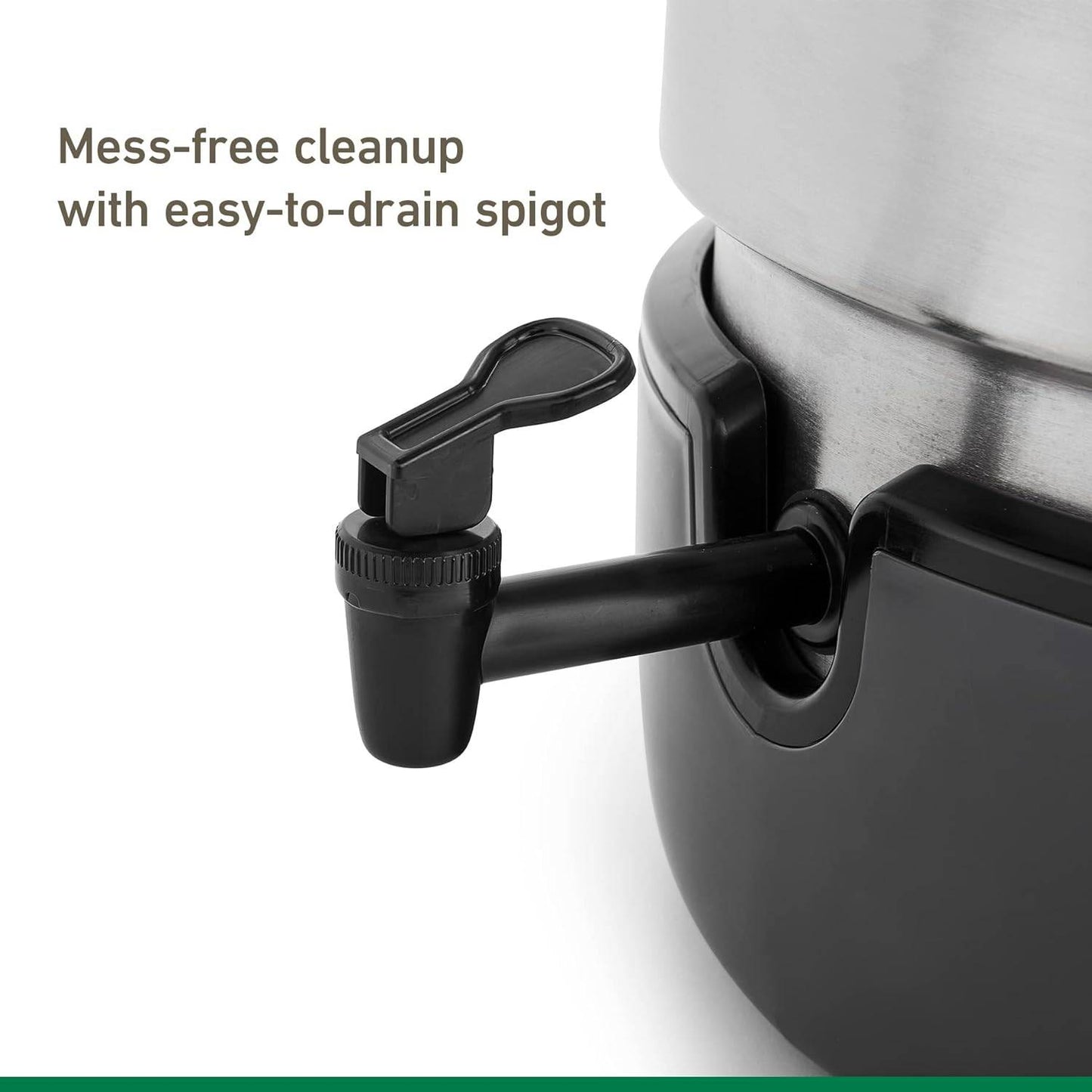 Close-up of an easy-to-drain black spigot on a stainless steel water bath canner, designed for mess-free cleanup in kitchen and food preservation use.