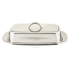 Polished stainless steel butter dish with matching cover and handle, designed to hold two butter sticks or a cream cheese block, ideal for Kitchen & Food and Specialty Equipment collections.