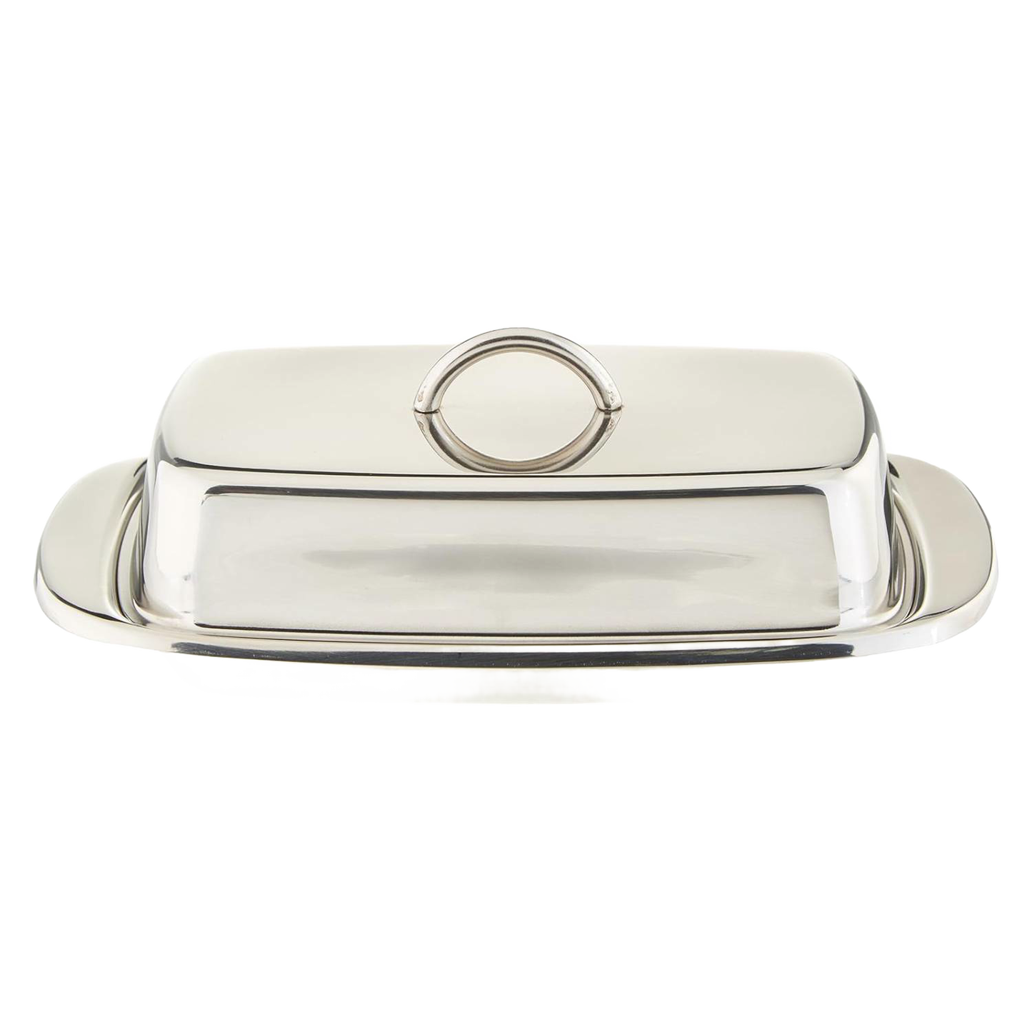 Polished stainless steel butter dish with matching cover and handle, designed to hold two butter sticks or a cream cheese block, ideal for Kitchen & Food and Specialty Equipment collections.