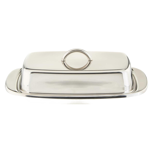 Polished stainless steel butter dish with matching cover and handle, designed to hold two butter sticks or a cream cheese block, ideal for Kitchen & Food and Specialty Equipment collections.