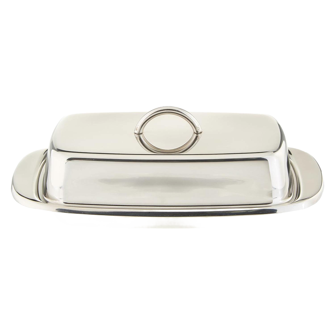 Polished stainless steel butter dish with matching cover and handle, designed to hold two butter sticks or a cream cheese block, ideal for Kitchen & Food and Specialty Equipment collections.