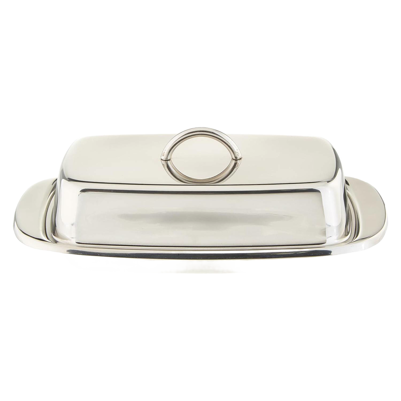 Polished stainless steel butter dish with matching cover and handle, designed to hold two butter sticks or a cream cheese block, ideal for Kitchen & Food and Specialty Equipment collections.
