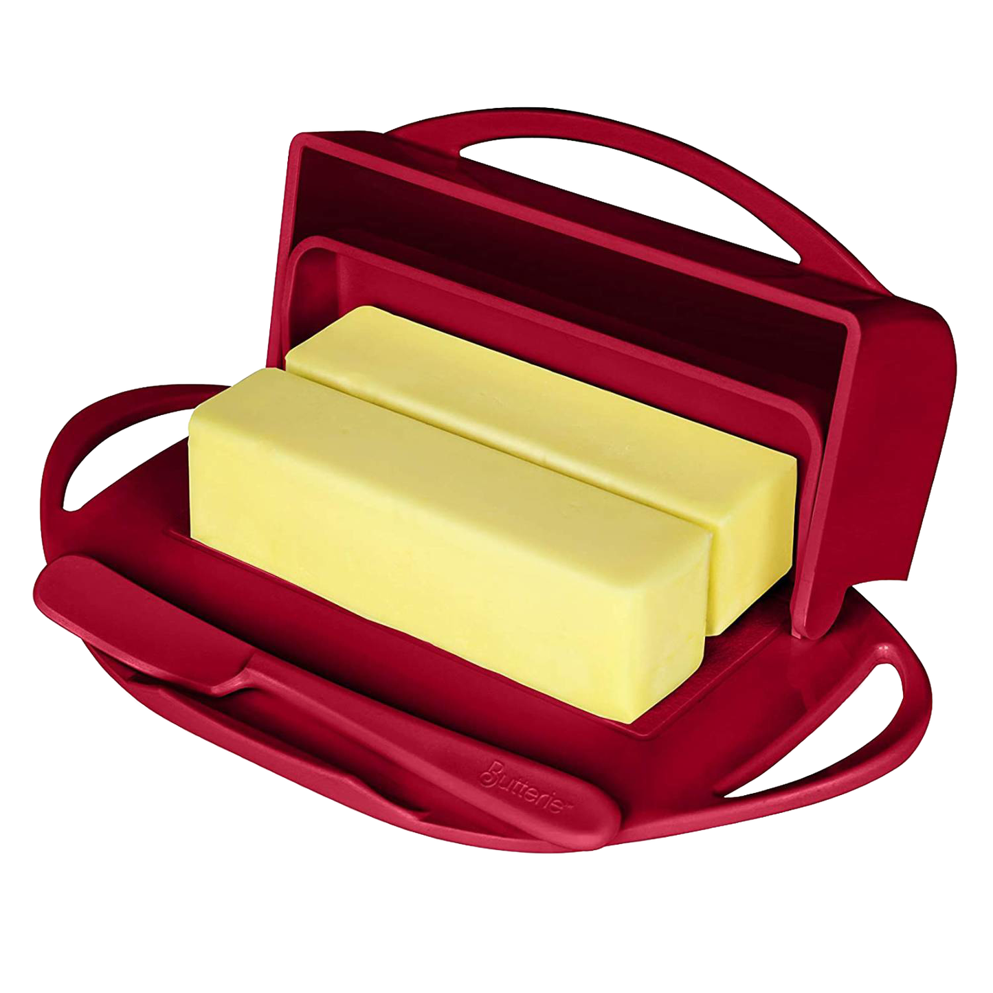 Red flip-top butter dish with a matching spreader holding two blocks of butter, designed for easy, mess-free butter storage and spreading in Kitchen & Food and Kitchen Gadgets collections.