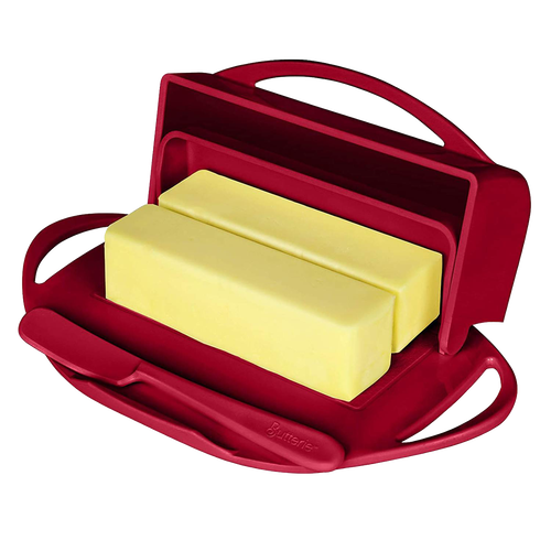 Red flip-top butter dish with a matching spreader holding two blocks of butter, designed for easy, mess-free butter storage and spreading in Kitchen & Food and Kitchen Gadgets collections.