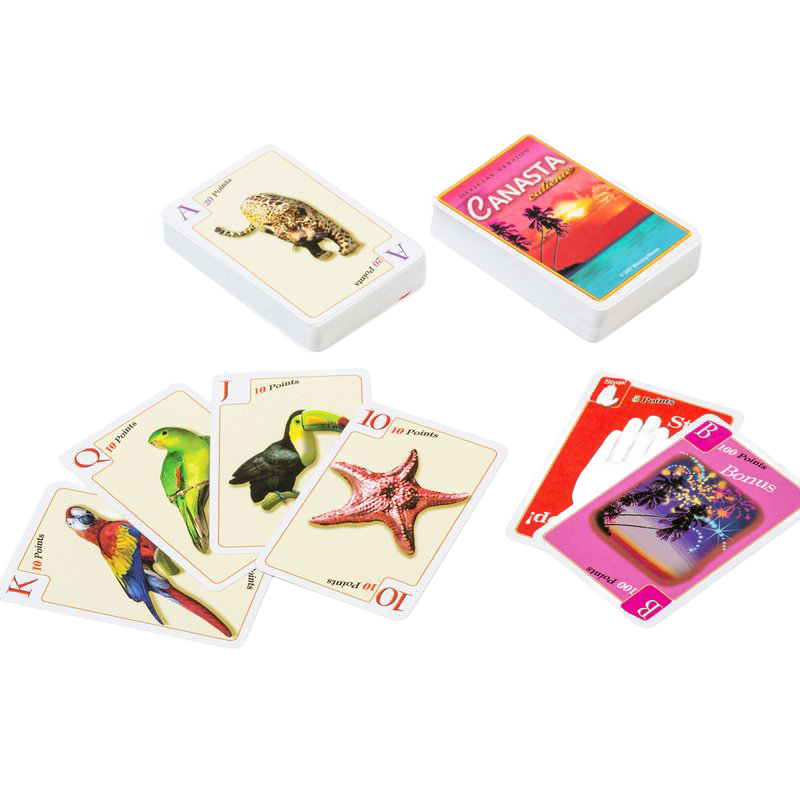 Canasta game cards featuring vibrant animal illustrations including birds and a starfish, with special Caliente and Bonus cards, ideal for Toys, Books & Games and family play collections.