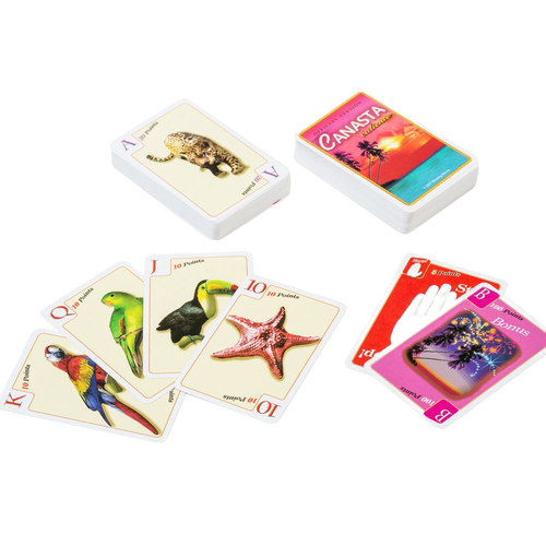 Canasta game cards featuring vibrant animal illustrations including birds and a starfish, with special Caliente and Bonus cards, ideal for Toys, Books & Games and family play collections.