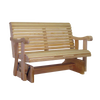 Handcrafted Amish made glider swing crafted from durable cypress wood, featuring a smooth gliding base, contoured back, and curved armrests, ideal for outdoor furniture and home decor.