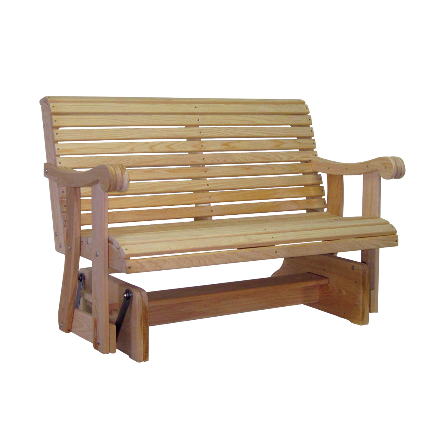 Handcrafted Amish made glider swing crafted from durable cypress wood, featuring a smooth gliding base, contoured back, and curved armrests, ideal for outdoor furniture and home decor.