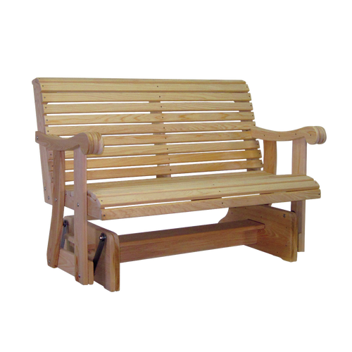 Handcrafted Amish made glider swing crafted from durable cypress wood, featuring a smooth gliding base, contoured back, and curved armrests, ideal for outdoor furniture and home decor.