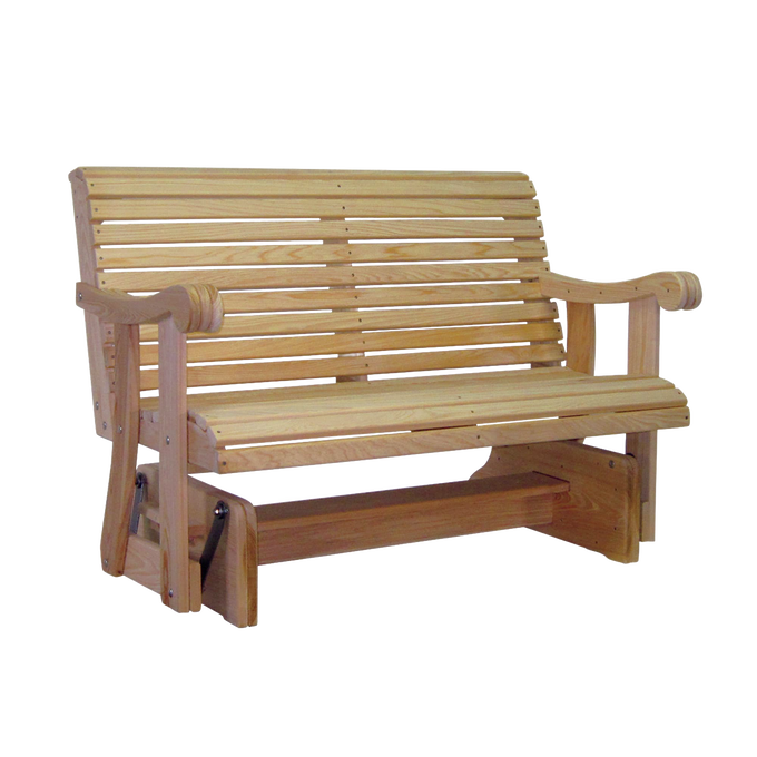 Handcrafted Amish made glider swing crafted from durable cypress wood, featuring a smooth gliding base, contoured back, and curved armrests, ideal for outdoor furniture and home decor.