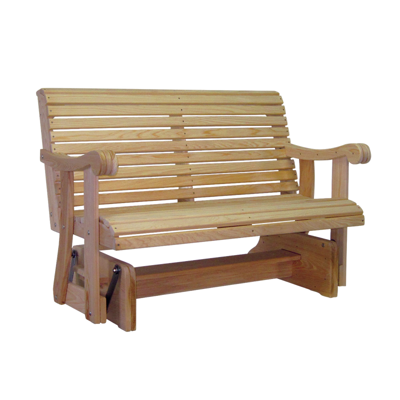 Handcrafted Amish made glider swing crafted from durable cypress wood, featuring a smooth gliding base, contoured back, and curved armrests, ideal for outdoor furniture and home decor.