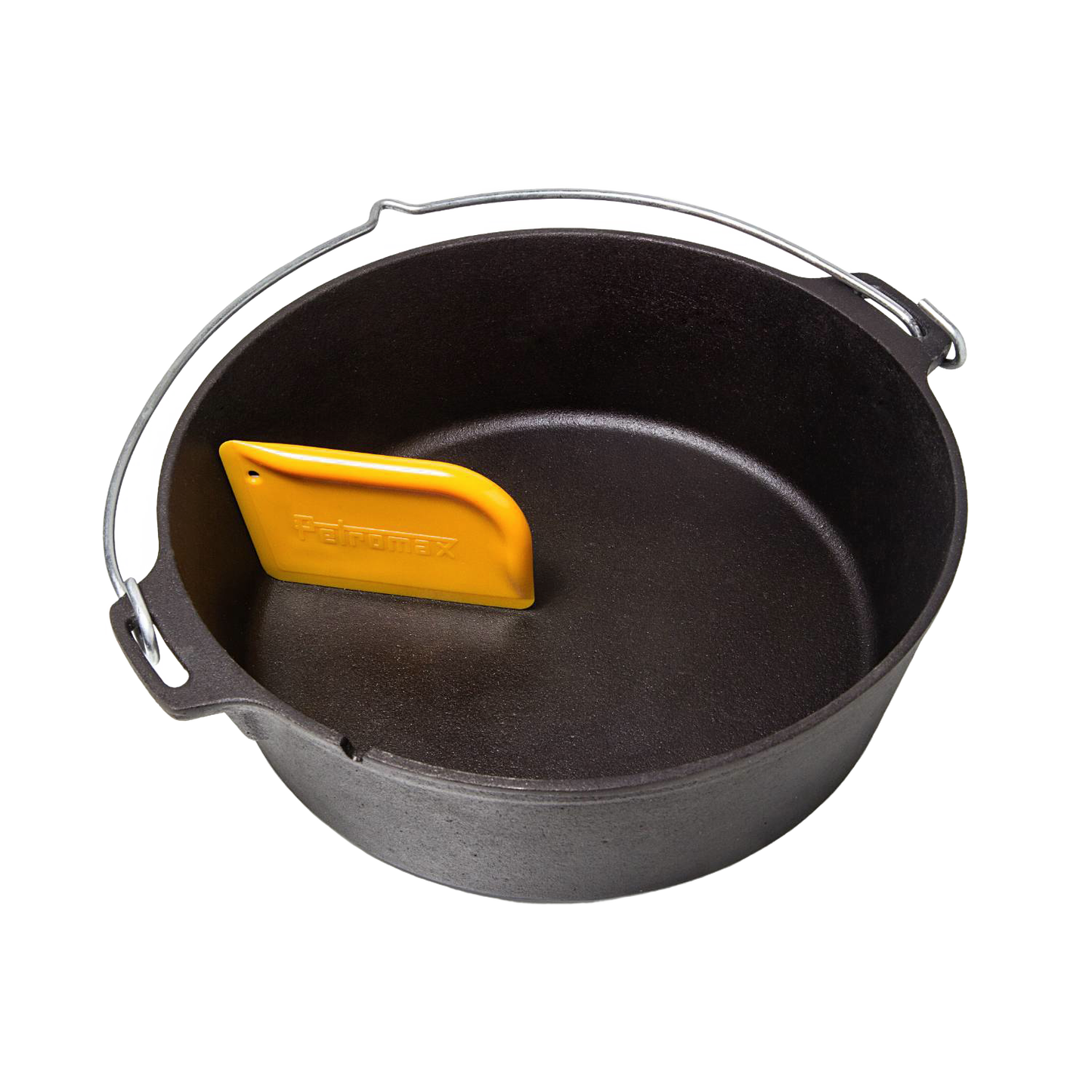 Yellow pan scraper tool resting inside a black cast iron Dutch oven, designed for easy cleaning of cookware, featured in Kitchen & Food, Cookware, Cast Iron, and Best Sellers collections.