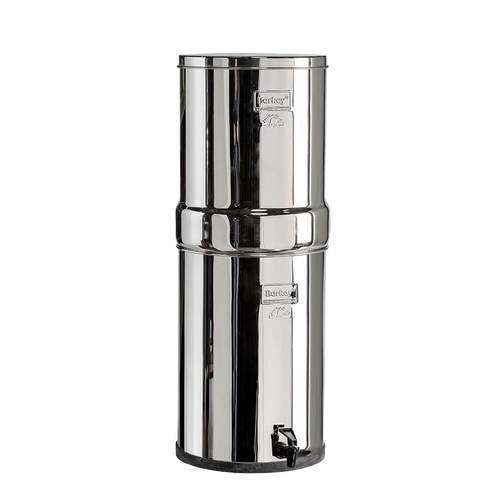 Polished stainless steel water filtration system with two chambers and spigot, designed for high-capacity water treatment in emergency supplies and appliances collections.