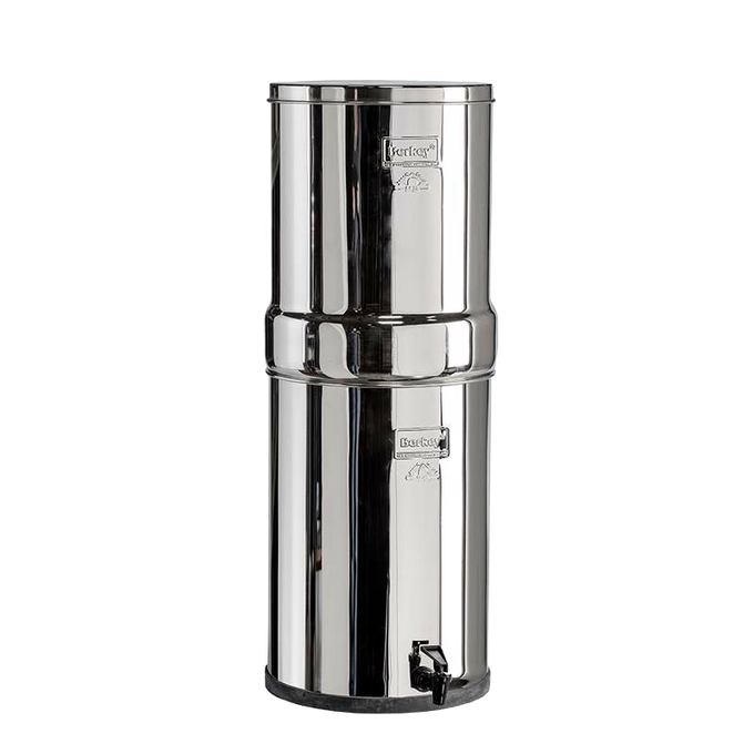 Polished stainless steel water filtration system with two chambers and spigot, designed for high-capacity water treatment in emergency supplies and appliances collections.
