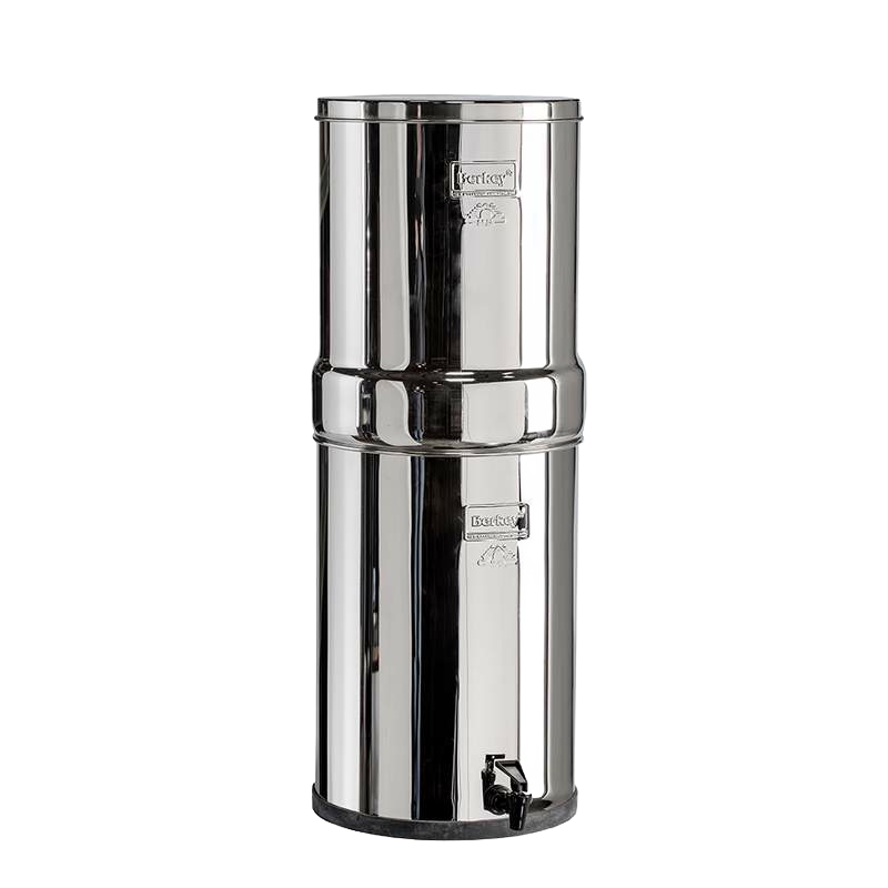 Polished stainless steel water filtration system with two chambers and spigot, designed for high-capacity water treatment in emergency supplies and appliances collections.