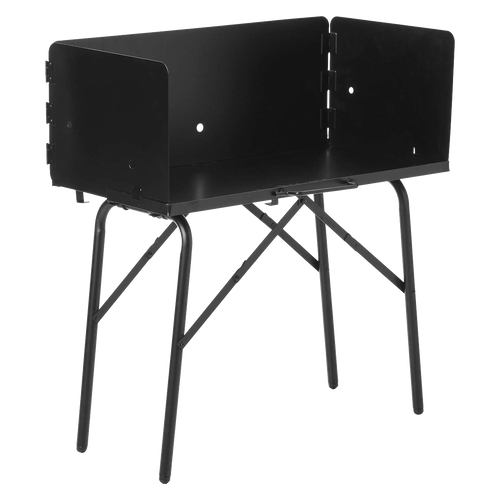 Collapsible all-steel outdoor cooking table with a three-sided windscreen, designed for stable campsite use, featured in Farm, Garden & Tool, Camping, Best Sellers, and Promo Eligible collections.