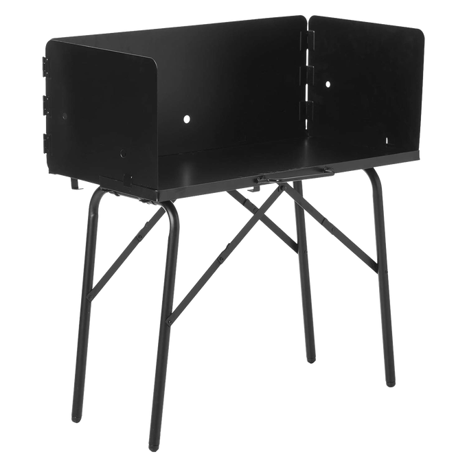 Collapsible all-steel outdoor cooking table with a three-sided windscreen, designed for stable campsite use, featured in Farm, Garden & Tool, Camping, Best Sellers, and Promo Eligible collections.