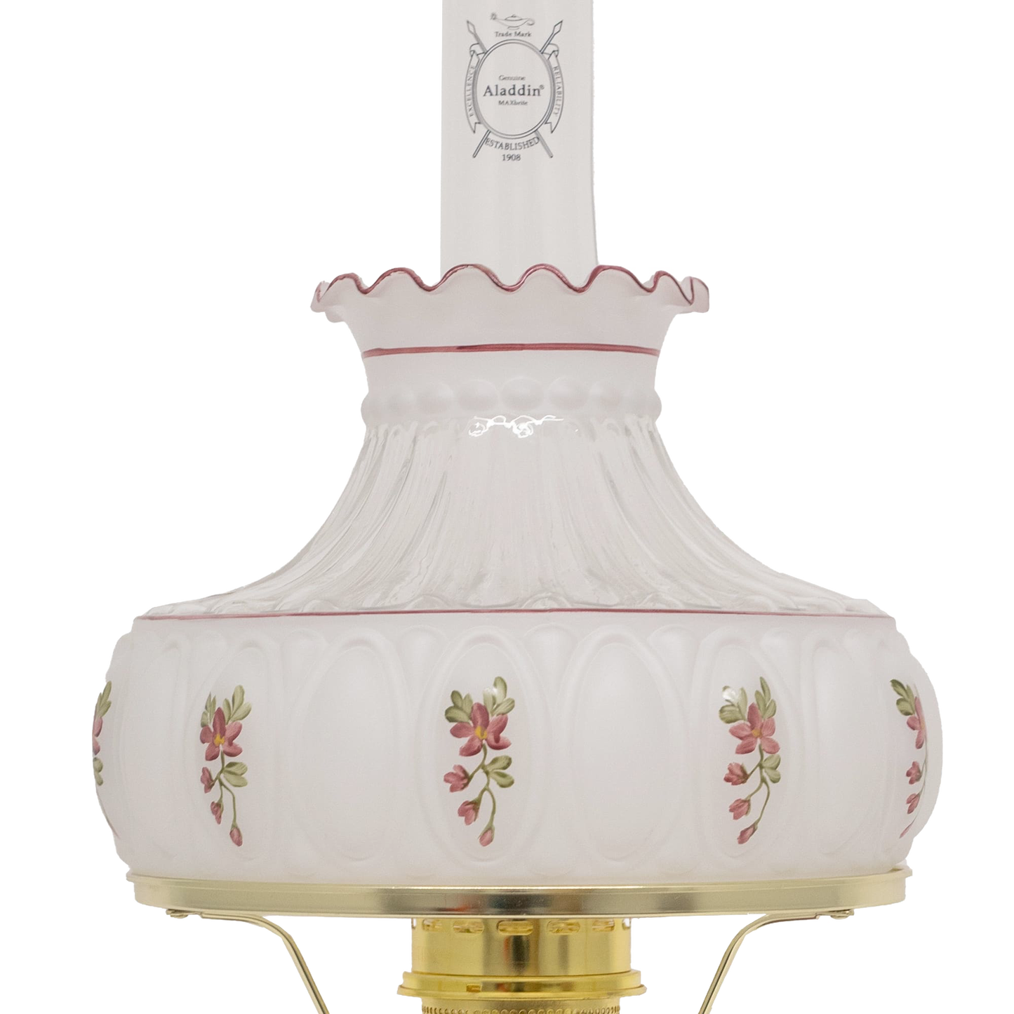 Handcrafted vintage-style oil lamp featuring a frosted glass Lincoln drape font with delicate rose floral accents and a clear chimney, ideal for farm, garden, and homesteading collections.