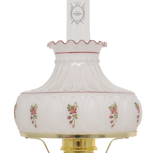 Handcrafted vintage-style oil lamp featuring a frosted glass Lincoln drape font with delicate rose floral accents and a clear chimney, ideal for farm, garden, and homesteading collections.