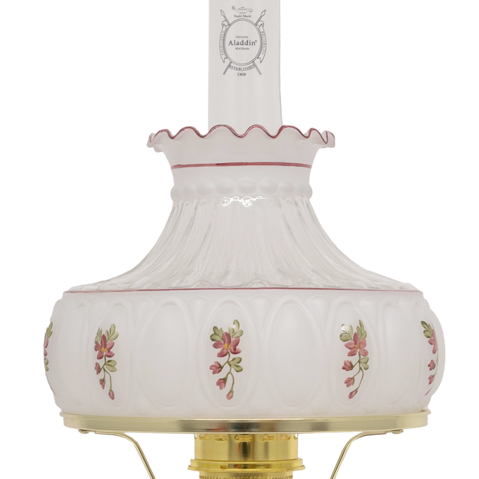 Handcrafted vintage-style oil lamp featuring a frosted glass Lincoln drape font with delicate rose floral accents and a clear chimney, ideal for farm, garden, and homesteading collections.